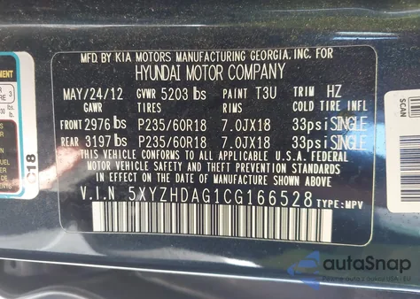 2012 Hyundai Santa Fe Se z USA, uszkodzony, nr VIN 5XYZHDAG1CG166528